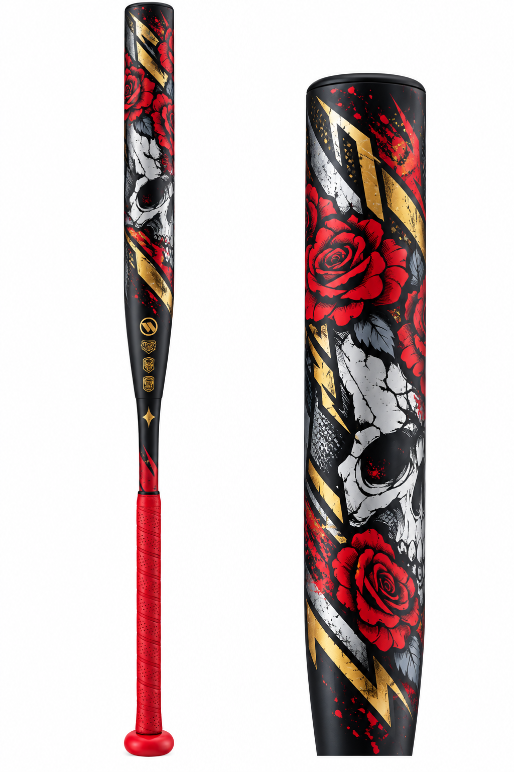 Worth Josh Riley Bedlam XXL Slowpitch Softball Bat | USSSA | WSU6JRB12X | XXL Endload | 2 Pc. Composite | 12" Barrel, a two-piece composite bat in a black finish with a floral rose graphic and a red grip.