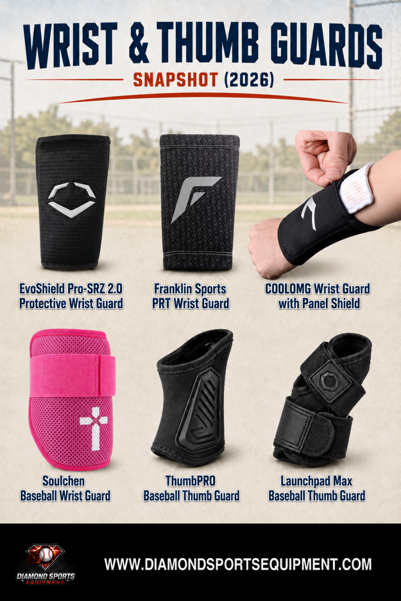 Wrist and thumb guards snapshot showing a black, gray, pink wrist guards, and two black thumb guards.