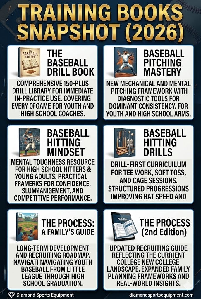 A six-panel infographic featuring baseball training books with gold and white text on a dark navy and grey gradient background.