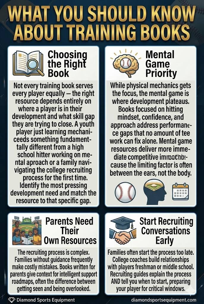 A four-panel educational graphic with white text and icons explaining baseball development and recruiting on a dark navy gradient background.