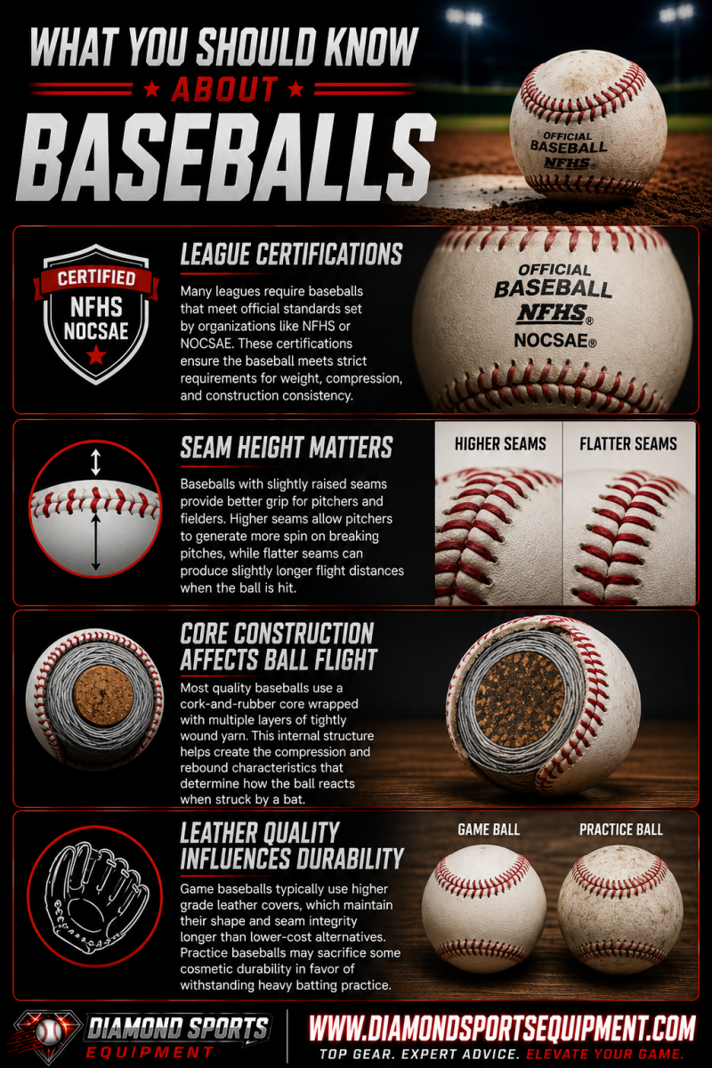 Baseballs infographic covering league certifications, seam height differences, core construction, and leather quality for game and practice baseball performance.