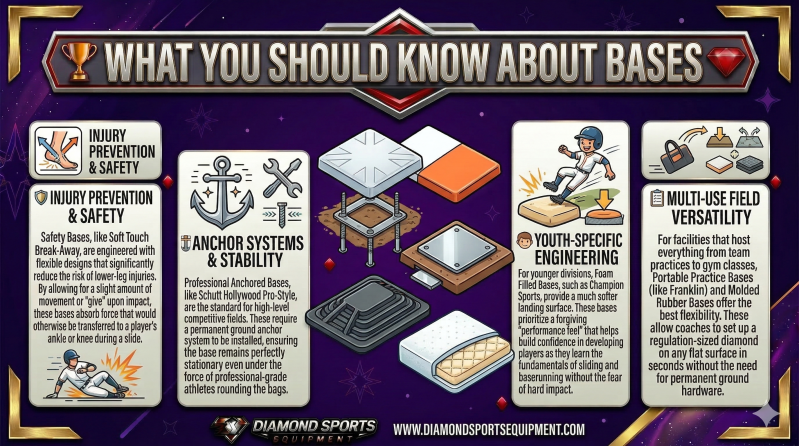 A professional square informational graphic for baseball bases featuring 6 upright product models with 4 clean info panels on safety, anchoring, youth design, and regulation size on a cosmic background.