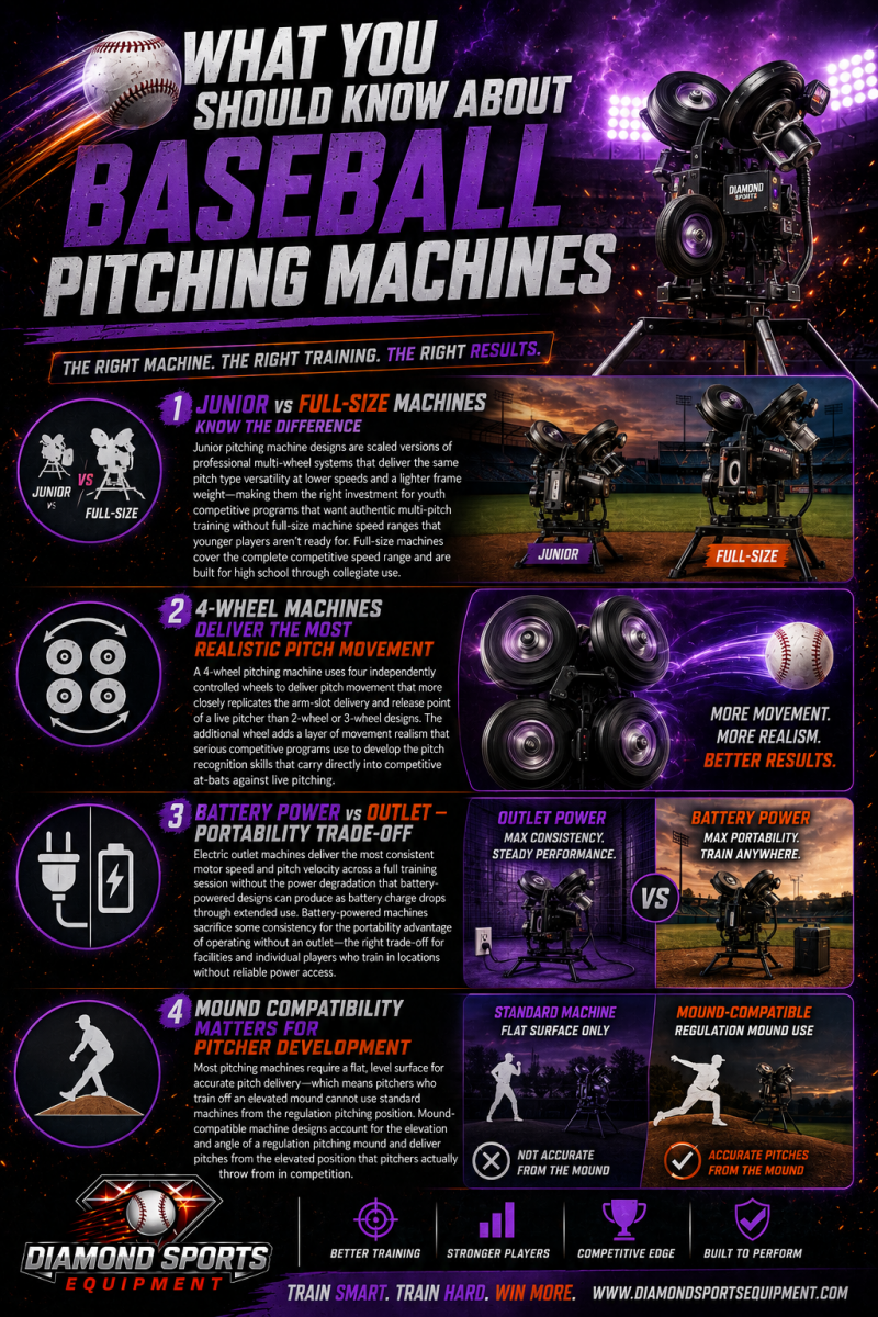 Baseball Pitching Machines infographic featuring junior vs full-size machines, 4-wheel pitching systems, battery power options, and mound-compatible training machines.