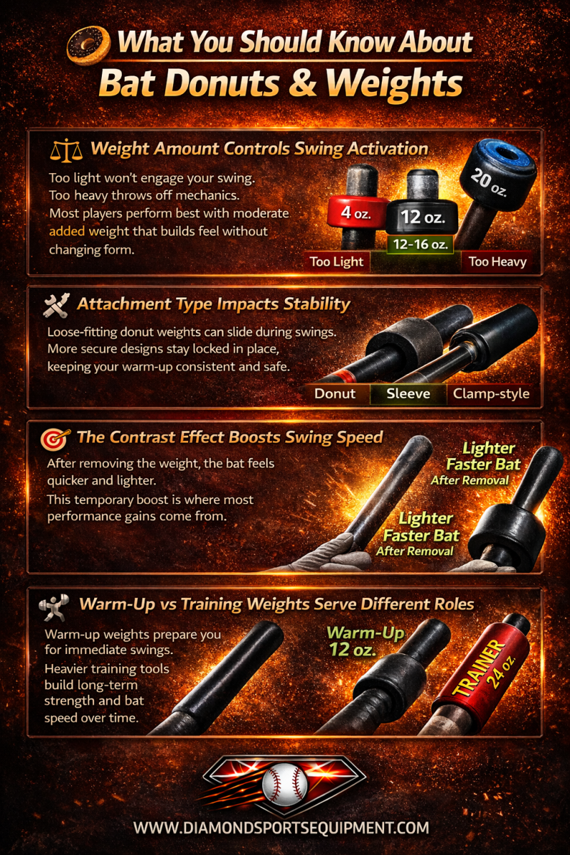 Bat donuts and weights infographic explaining proper weight selection, attachment types, contrast effect benefits, and training versus warm-up use.