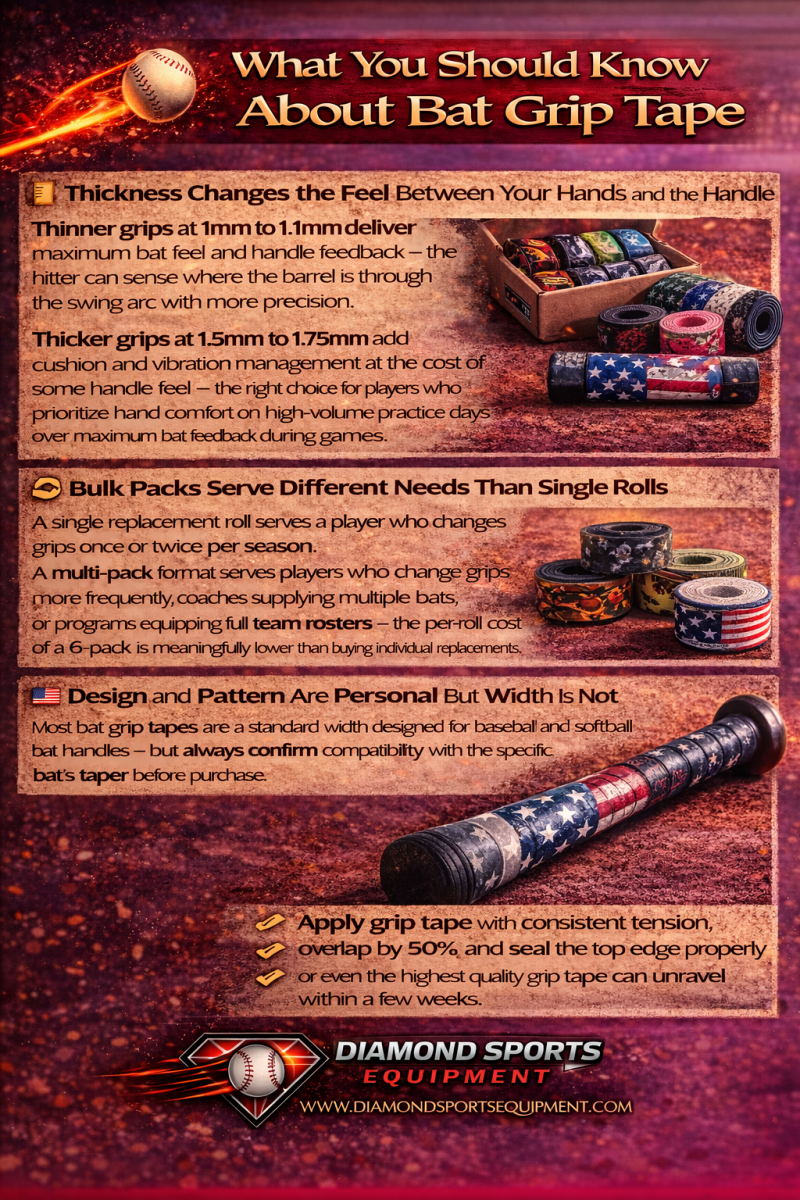 Infographic explaining grip thickness, pack options, design considerations, and proper application technique with Diamond Sports Equipment branding.