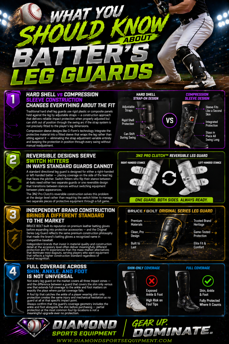 Batter’s leg guards infographic explaining fit, protection types, reversible designs, and full coverage with DSE branding.