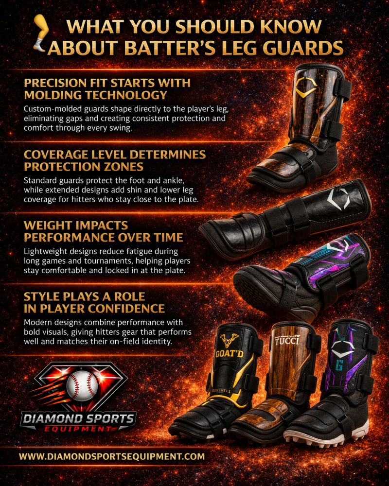 Baseball batter’s leg guards infographic explaining fit, coverage, weight, and style on a fiery cosmic background with Diamond Sports Equipment logo and website