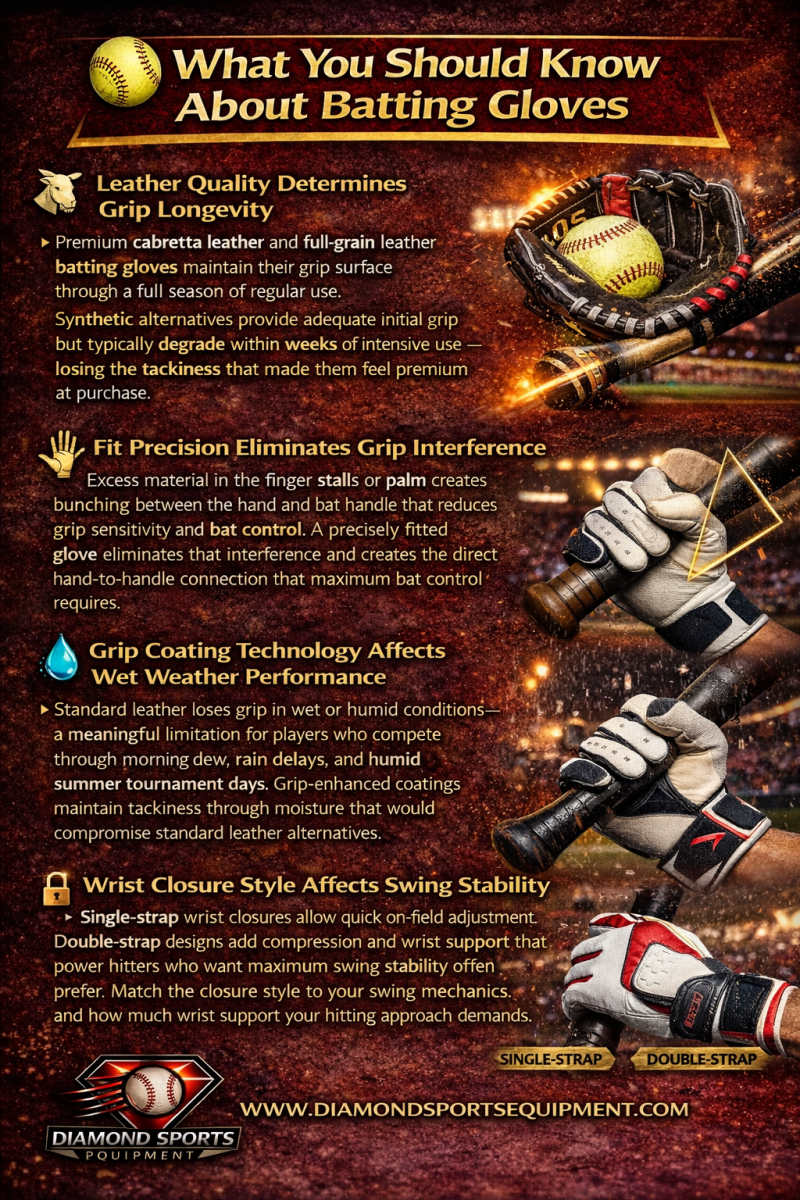 Infographic explaining batting gloves, including leather quality, fit precision, grip technology, and wrist closure styles for improved bat control and performance.