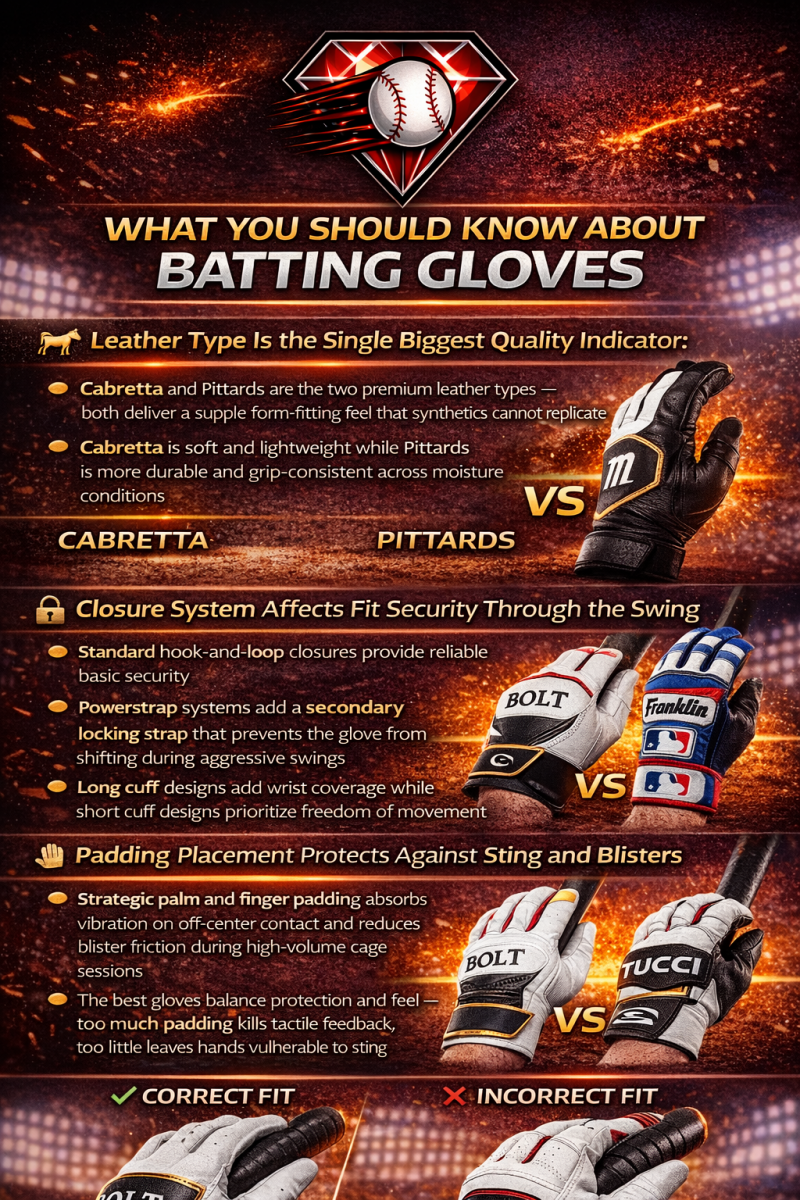Infographic explaining leather types, closure systems, padding placement, and fit considerations for batting gloves.