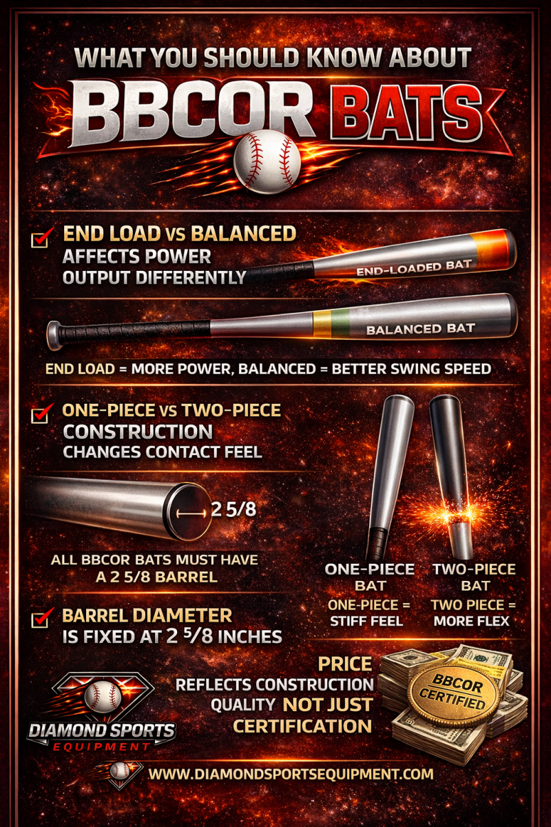 BBCOR bats infographic showing end load vs balanced comparison one piece vs two piece construction and barrel size rules