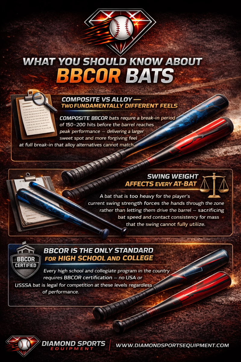 BBCOR bat infographic explaining composite vs. alloy construction, swing weight impact, BBCOR certification rules, and one-piece vs. two-piece bat performance for high school and college players.