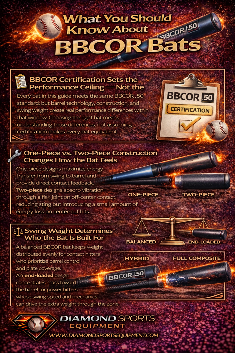 Infographic explaining BBCOR bat certification, construction differences, swing weight, and hybrid performance with cosmic styling and Diamond Sports Equipment branding.