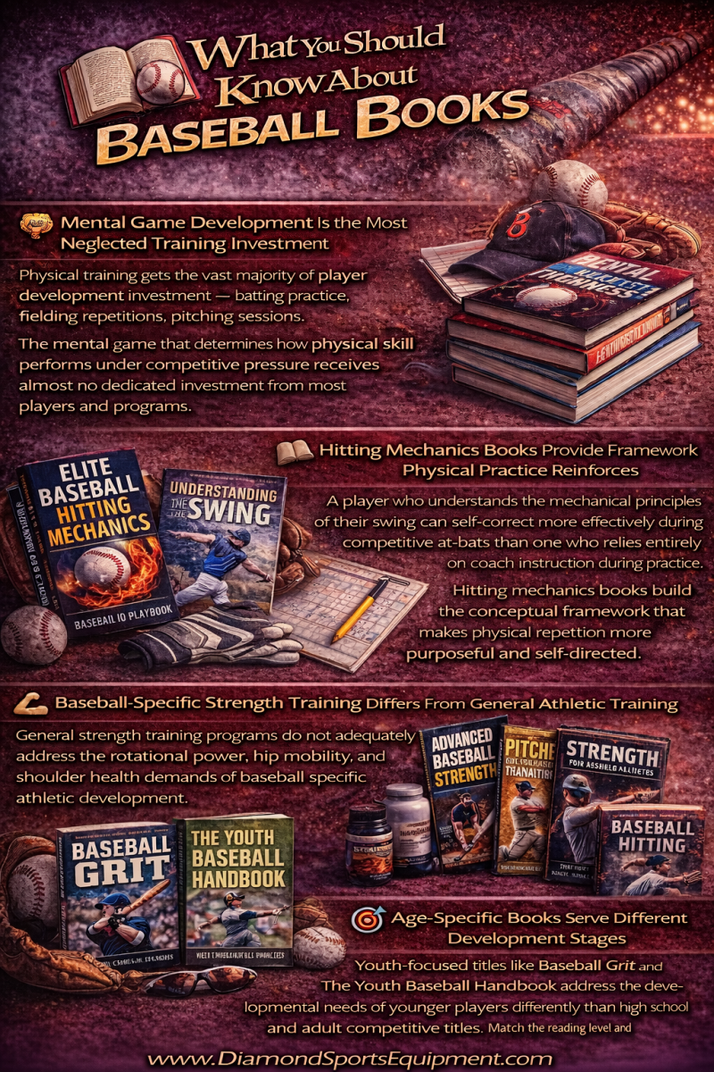 Baseball books infographic explaining mental training, hitting mechanics, strength training, and age-specific development with baseball-themed visuals and DSE branding