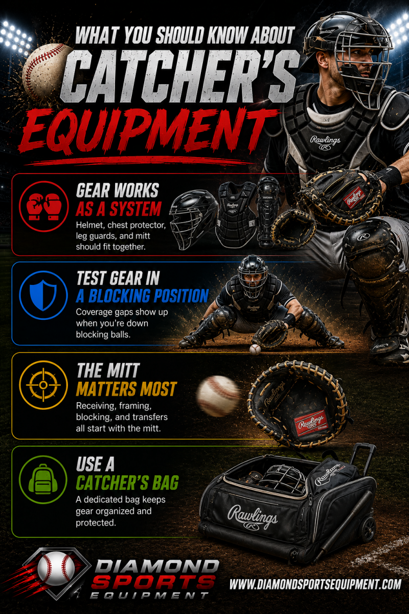 Rawlings Velo Catcher's Helmet, Rawlings Chest Protector, All-Star Leg Guards, Rawlings Catcher's Mitt, and Rawlings Catcher's Bag infographic covering complete catcher's equipment setup.