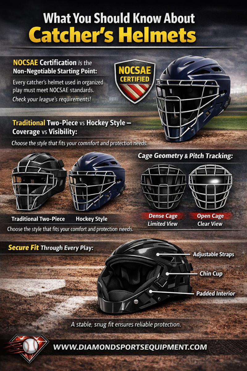 Catcher’s helmet infographic explaining certification, fit, visibility, and protection features.