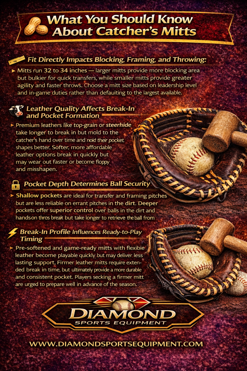 Infographic explaining mitt sizing, leather quality, pocket depth, and break-in characteristics for catcher’s mitts.