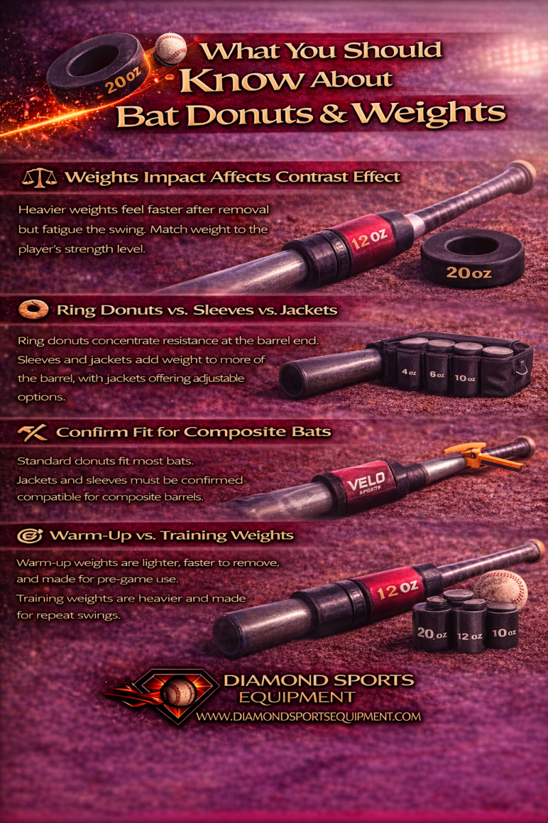 Infographic explaining weight selection, donut vs sleeve vs jacket styles, bat compatibility, and warm-up versus training weight usage with Diamond Sports Equipment branding.