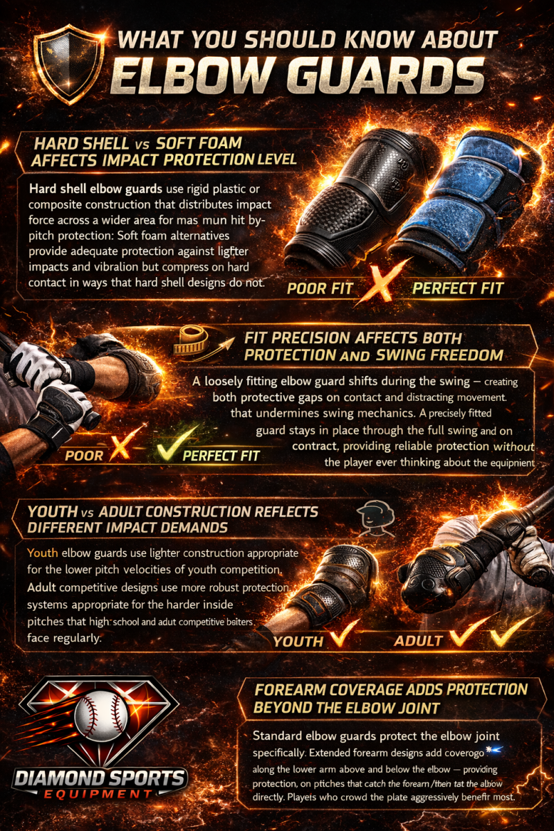 Elbow guard infographic explaining protection types, fit, youth vs adult construction, and forearm coverage with cosmic lightning background and Diamond Sports Equipment branding