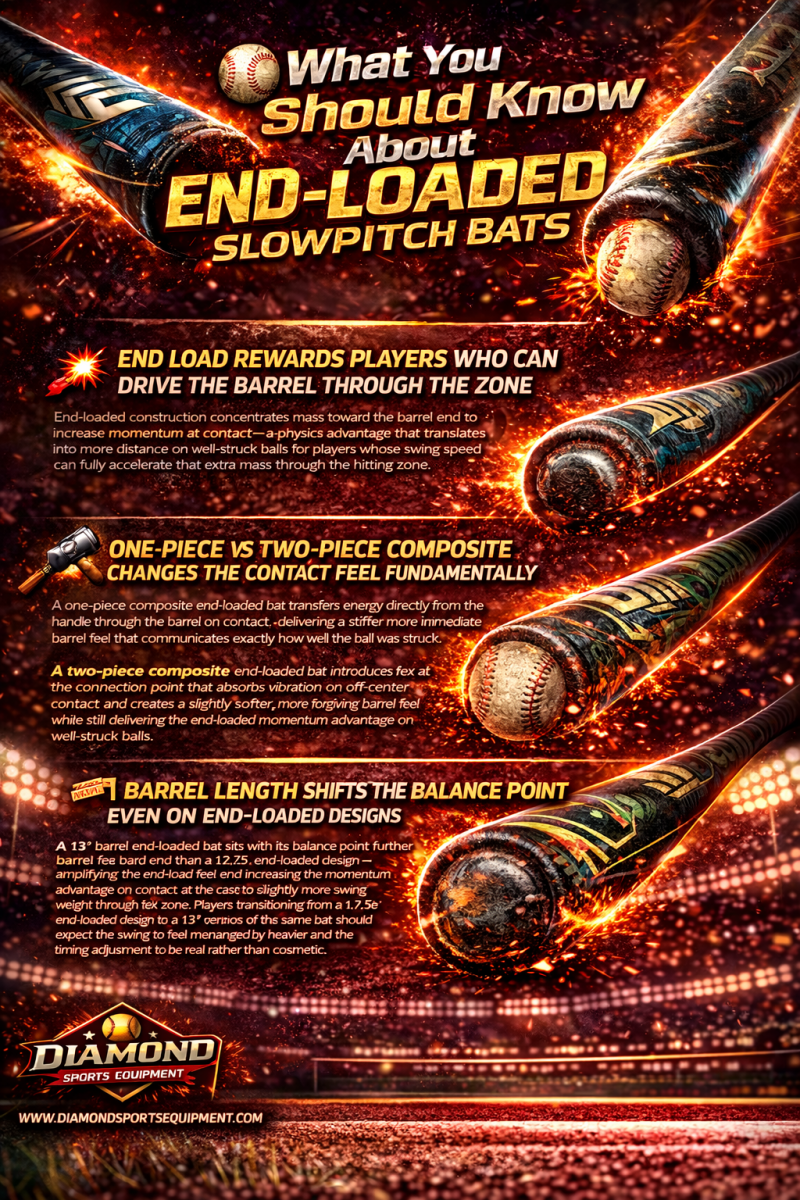 End-loaded slowpitch bats “What You Should Know” infographic explaining end-load benefits, construction types, barrel length impact, and Axe handle feel in a high-energy stadium design.