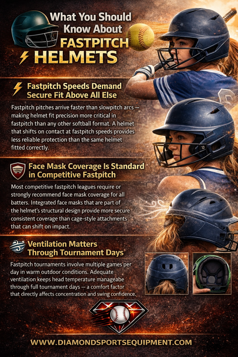 Fastpitch softball helmet infographic covering fit, face mask protection, ventilation, and softball-specific design