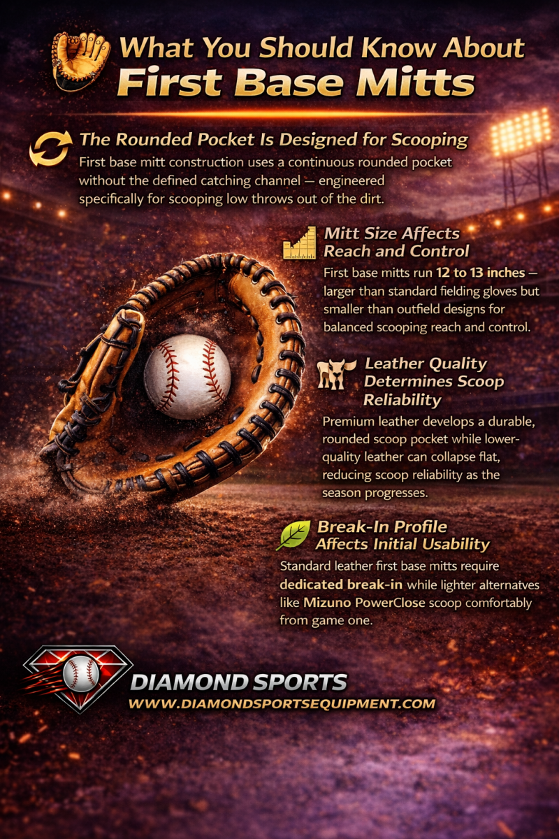 First base mitt guide infographic showing scoop design, sizing, leather quality, and break-in performance