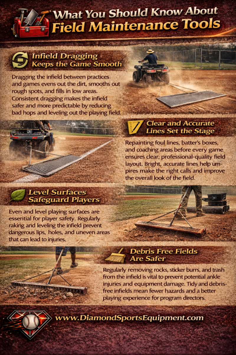 Baseball field maintenance infographic covering infield dragging, line marking, surface leveling, and debris removal for safer playing conditions