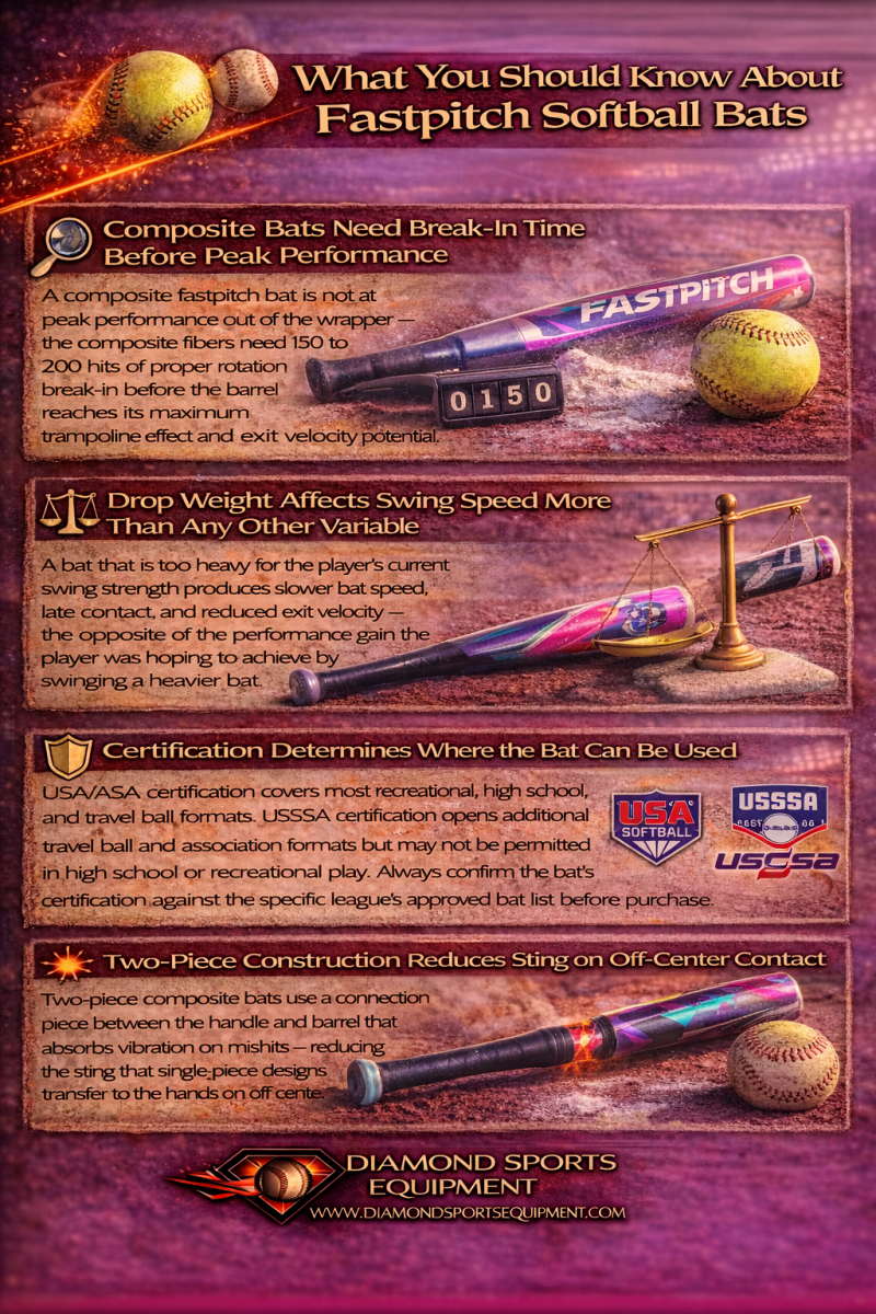 Infographic explaining composite break-in, drop weight impact, certification differences, and two-piece construction benefits with Diamond Sports Equipment branding.