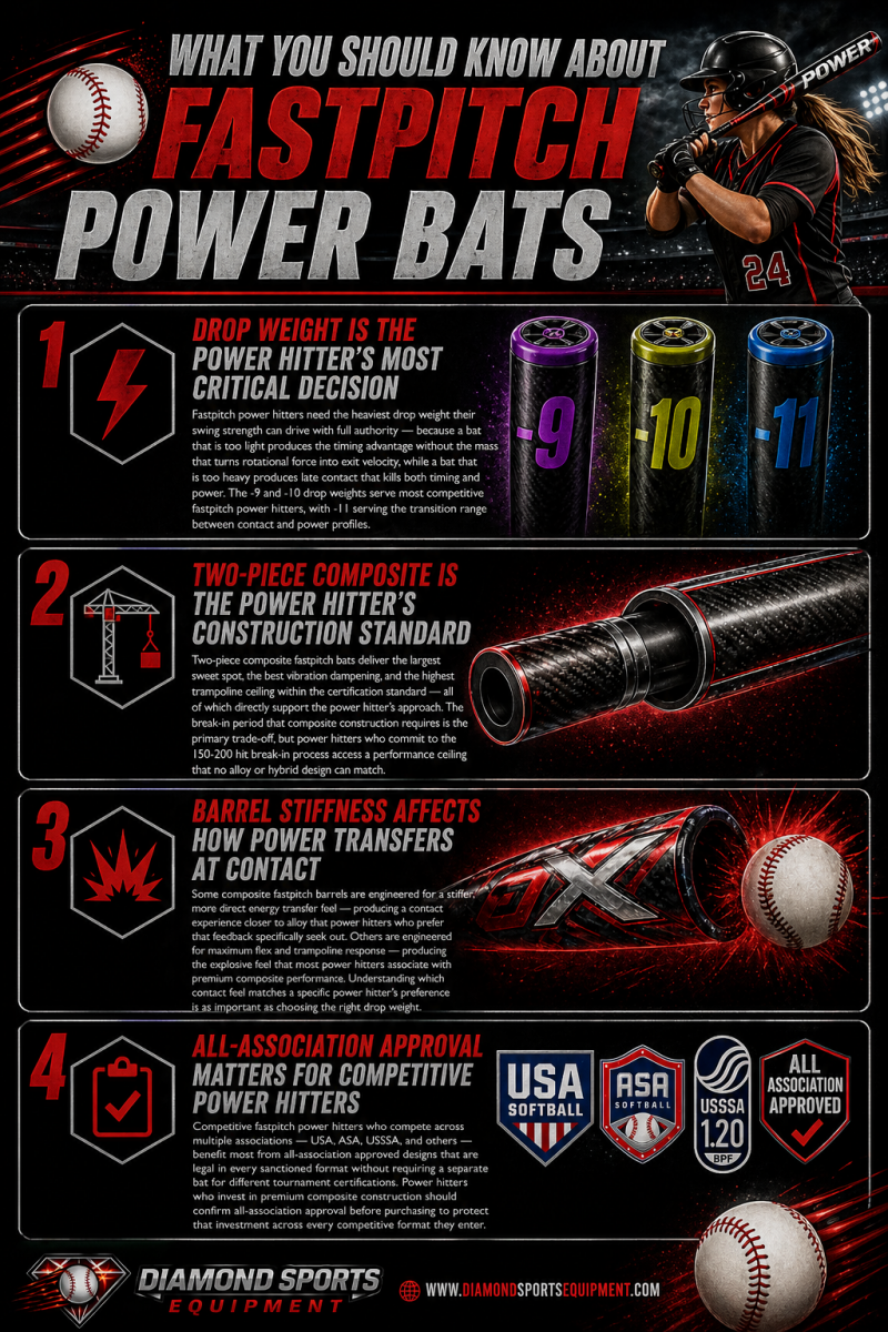 Fastpitch power bats “What You Should Know” infographic covering drop weight, composite construction, barrel stiffness, and certification with Diamond Sports Equipment branding in the bottom left.
