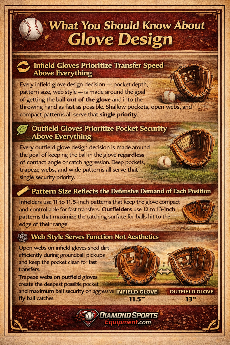 Glove design comparison infographic showing infield vs outfield glove differences in pocket depth, pattern size, and web style functionality