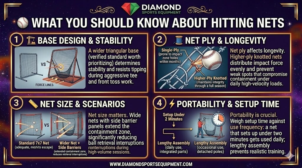 Four informational panels on a cosmic purple background detailing hitting net stability, net ply longevity, size scenarios, and setup time.