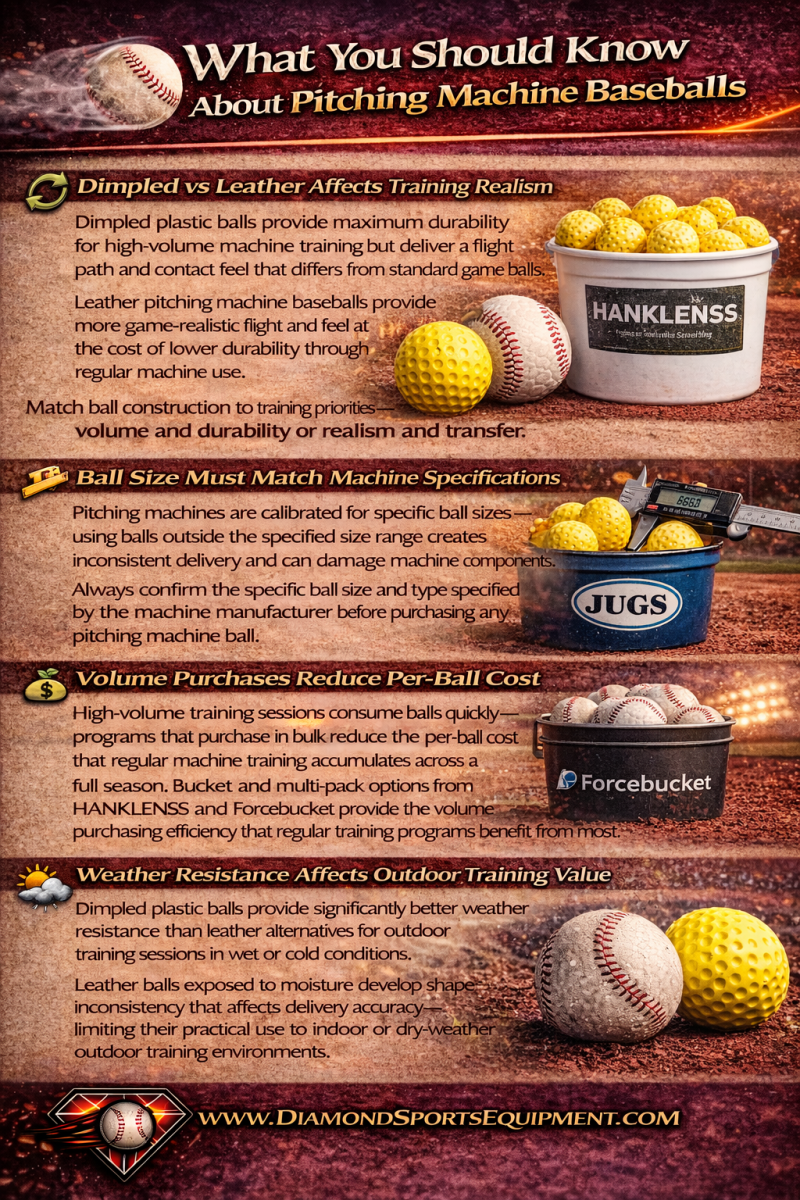 Pitching machine baseballs guide covering dimpled vs leather construction, correct ball sizing, bulk training value, and weather resistance for consistent performance.