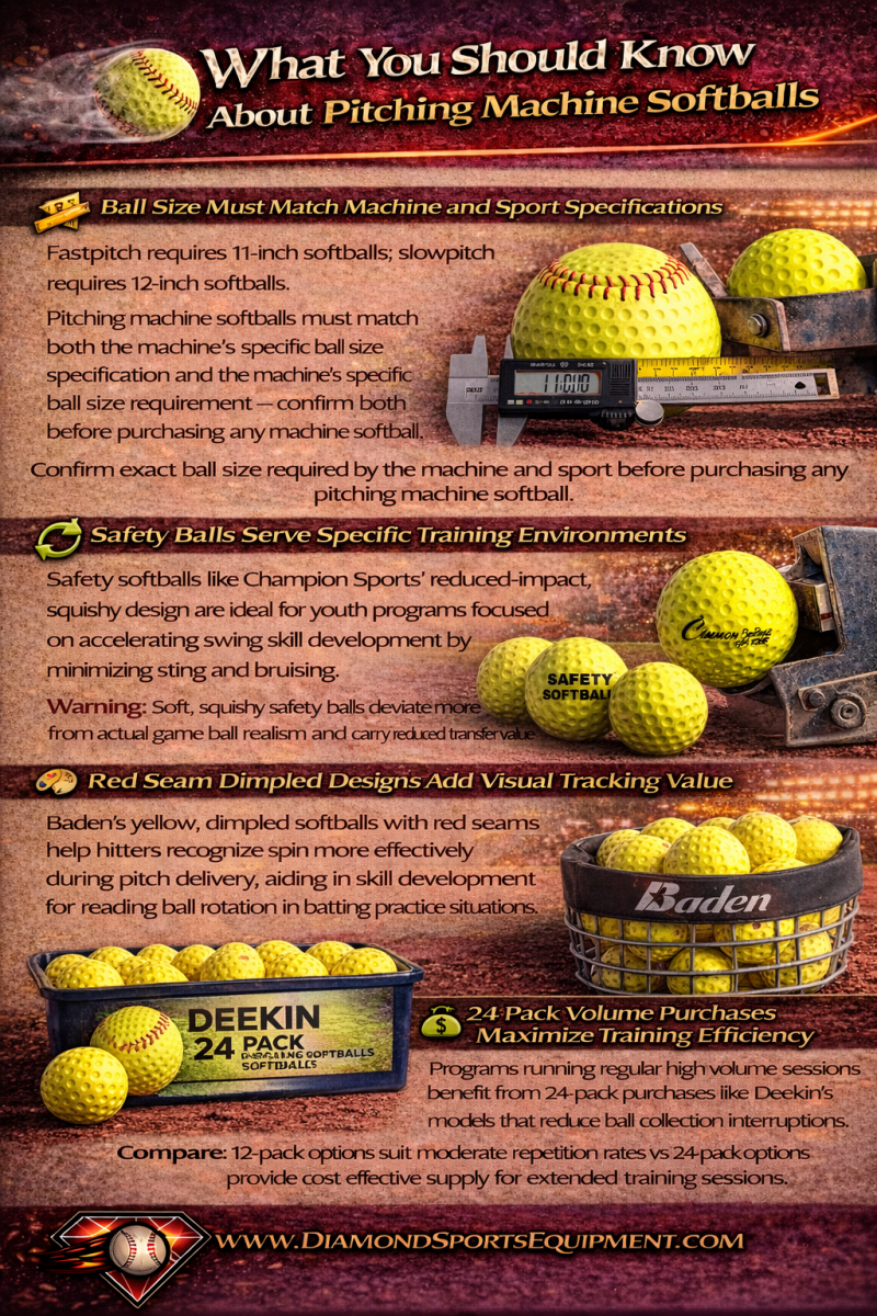 Pitching machine softballs guide covering ball size compatibility, safety ball use, visual tracking benefits, and bulk training efficiency.