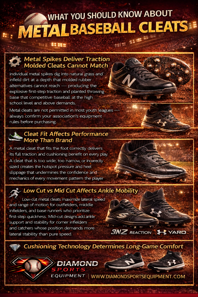Infographic explaining metal baseball cleats, traction vs molded cleats, fit, ankle support, and cushioning for performance.