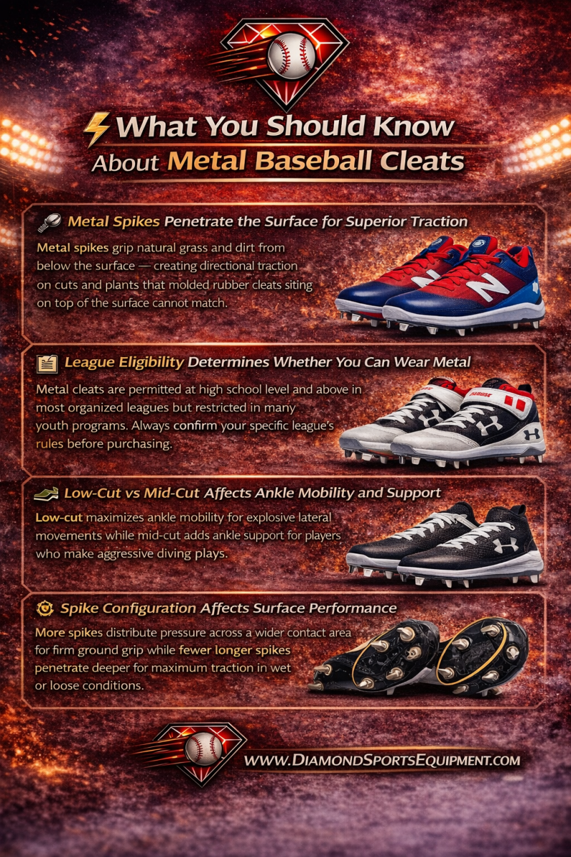 Infographic explaining key features of metal baseball cleats including traction, league rules, cleat cut differences, and spike configuration performance.