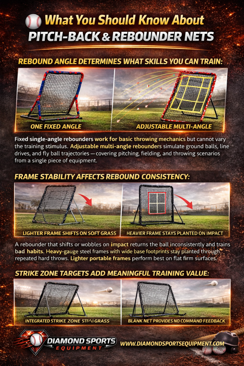 Educational infographic explaining rebound angle, frame stability, strike zone targets, and net tension for baseball rebounder nets.