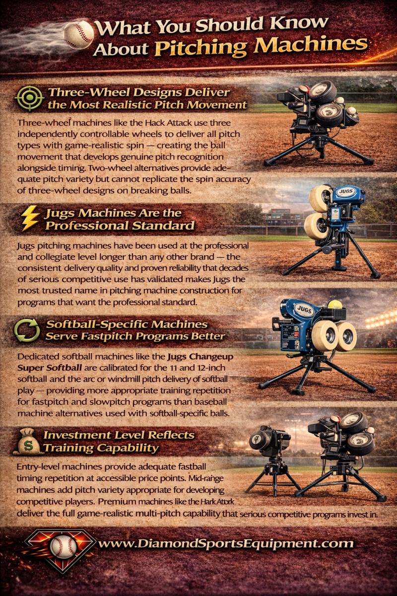 Pitching machines infographic explaining three-wheel designs, Jugs machine reliability, softball-specific machines, and training investment levels