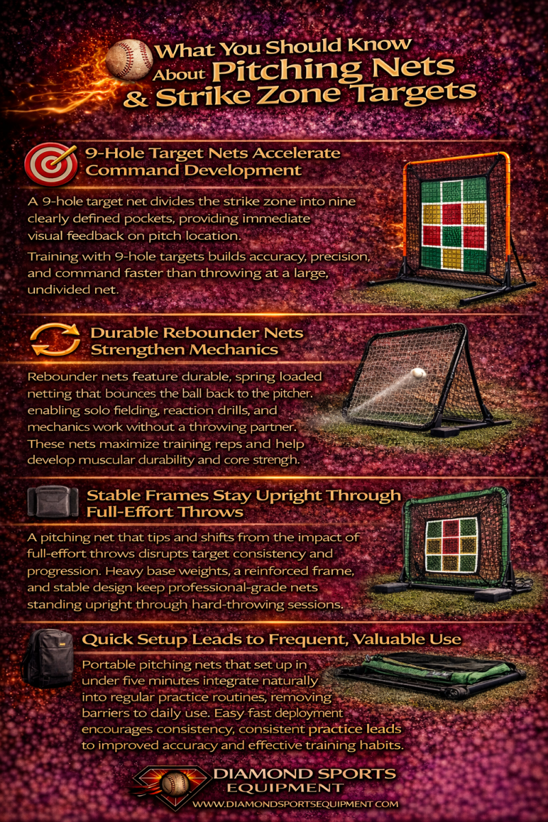 Infographic explaining target accuracy training, rebounder functionality, frame stability, and portability with cosmic styling and Diamond Sports Equipment branding.