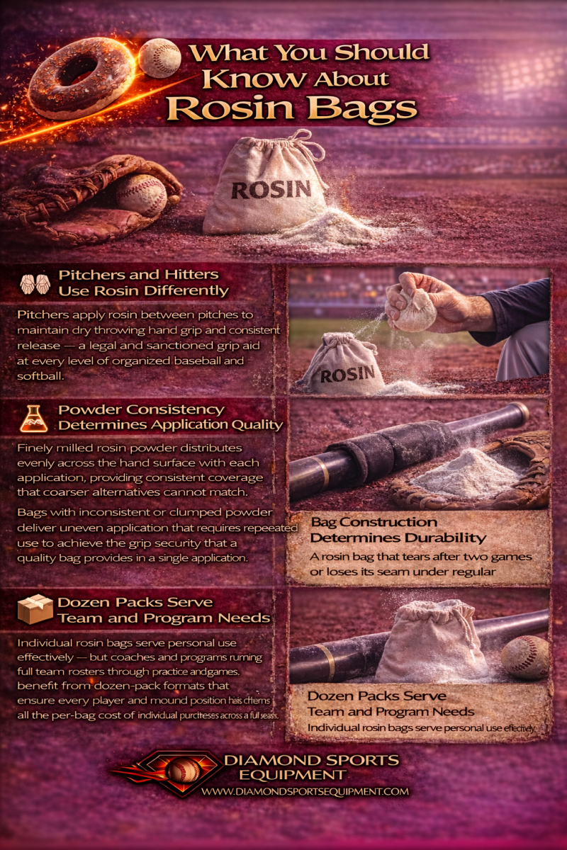 Infographic explaining pitcher vs hitter use, powder consistency, bag durability, and team pack value with Diamond Sports Equipment branding.