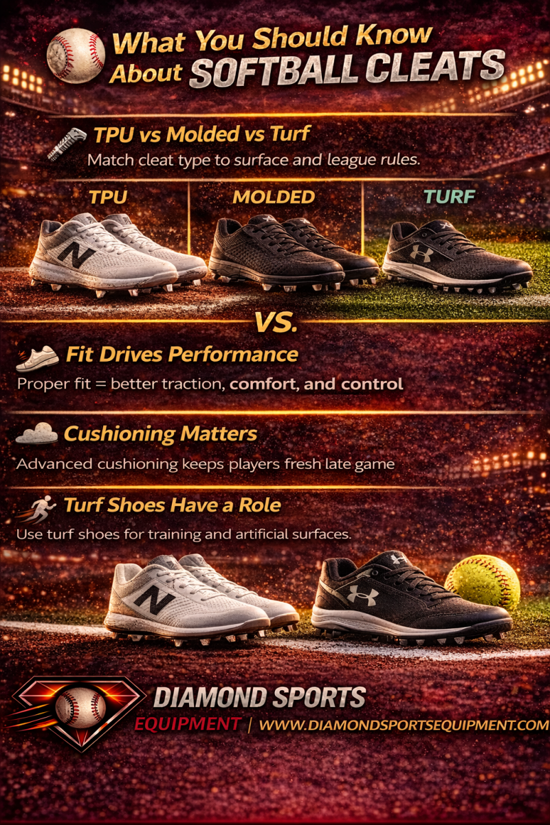 Infographic covering softball cleat types, fit, cushioning, and turf shoe use for performance and league compliance.