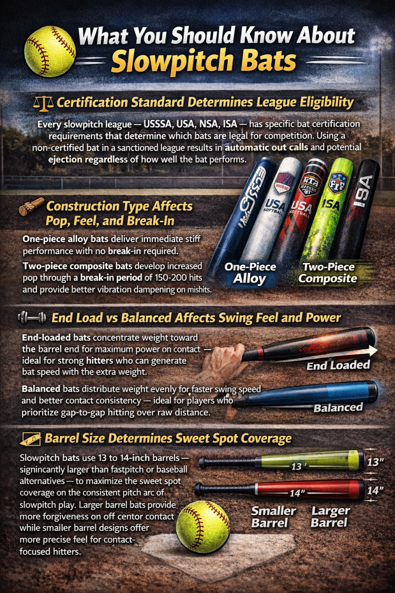 Infographic explaining slowpitch softball bats, including certification types, construction differences, end load vs. balanced design, and barrel size options for 2026.