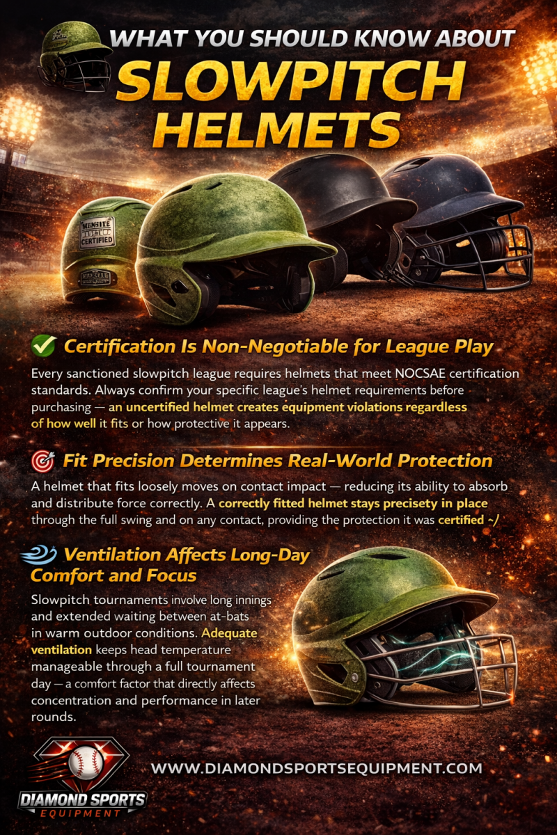 Infographic explaining slowpitch softball helmets, including certification requirements, proper fit, ventilation, and face mask protection for safety and comfort.