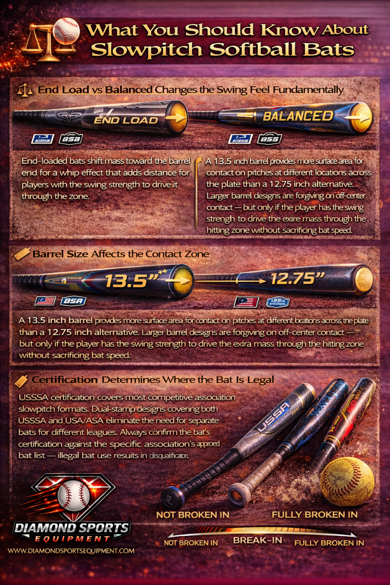Infographic explaining swing weight differences, barrel size impact, certification rules, and composite break-in with Diamond Sports Equipment branding.