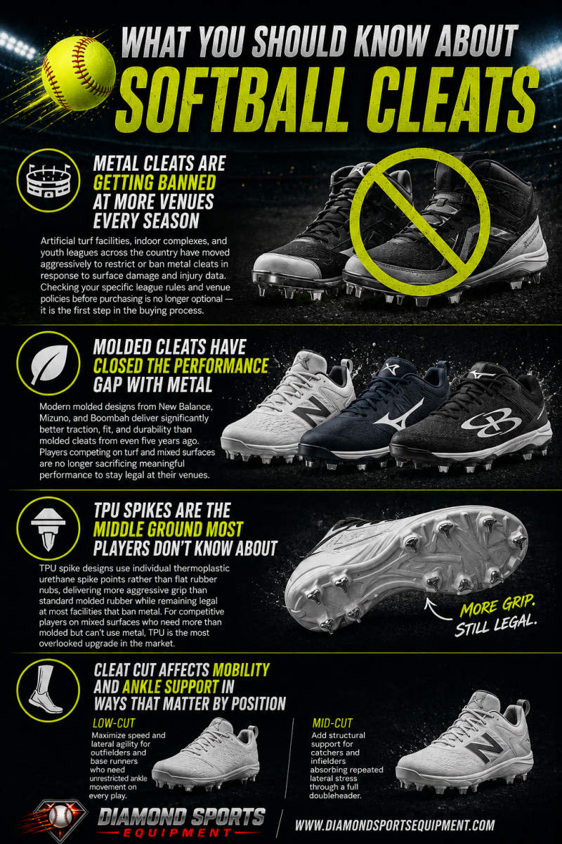 Softball cleats infographic featuring New Balance molded softball cleats, Mizuno softball cleats, Boombah TPU softball cleats, metal softball cleat alternatives, and Diamond Sports Equipment branding.