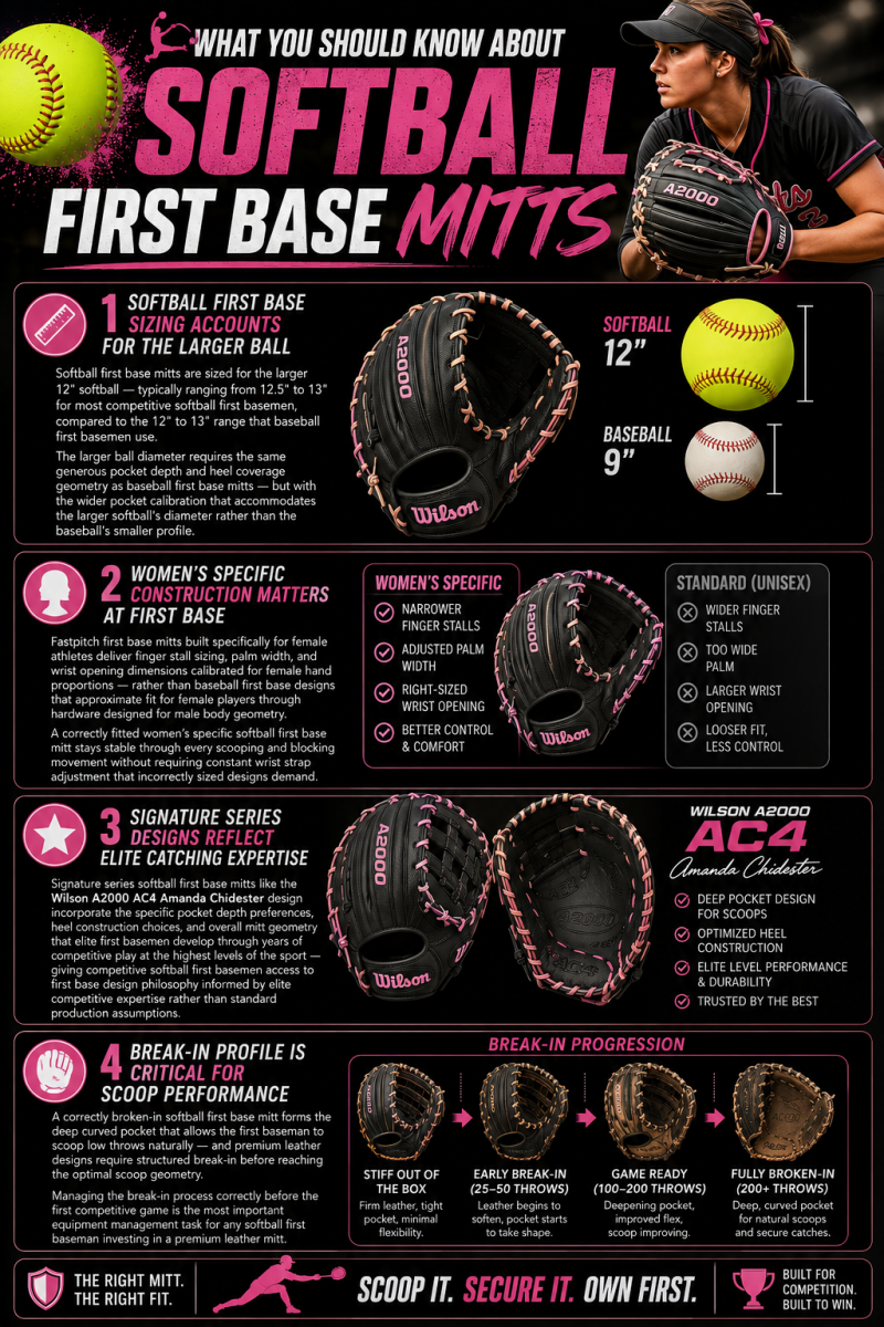 Softball first base mitts infographic covering sizing, women’s-specific fit, signature series designs, and break-in tips for competitive softball players.