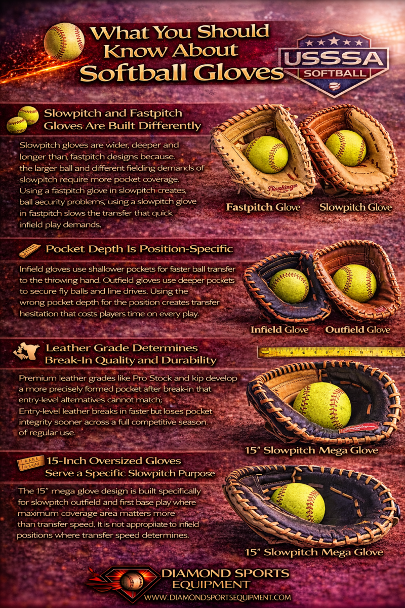 Infographic explaining slowpitch vs fastpitch glove differences, pocket depth by position, leather quality, and oversized glove use with Diamond Sports Equipment branding.