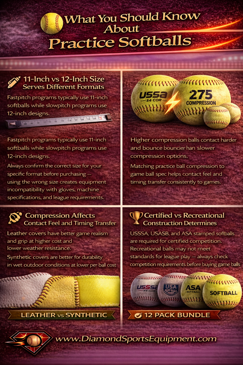 Practice softballs guide covering size differences, compression impact, leather vs synthetic covers, and certification requirements for softball training.