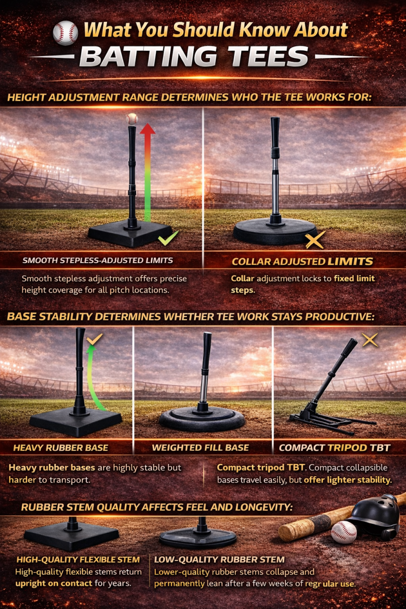 Infographic explaining batting tee height adjustment, base stability, stem quality, and portability versus durability.