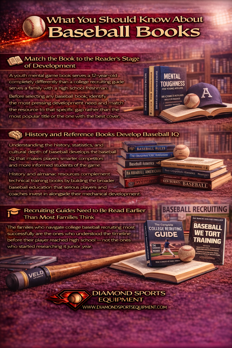 Infographic explaining book selection by development stage, baseball IQ through history, early recruiting guidance, and full-program training commitment with Diamond Sports Equipment branding.