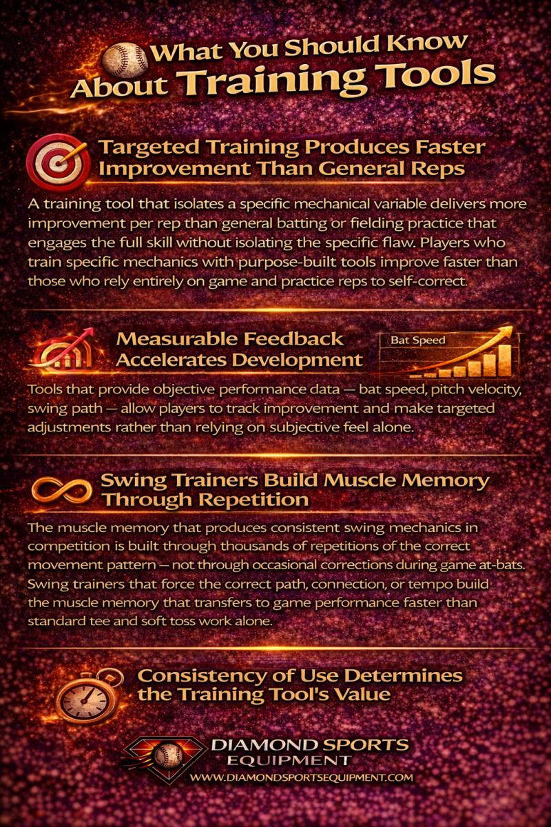 Infographic explaining targeted training, measurable feedback, swing mechanics development, and consistency with cosmic styling and Diamond Sports Equipment branding.