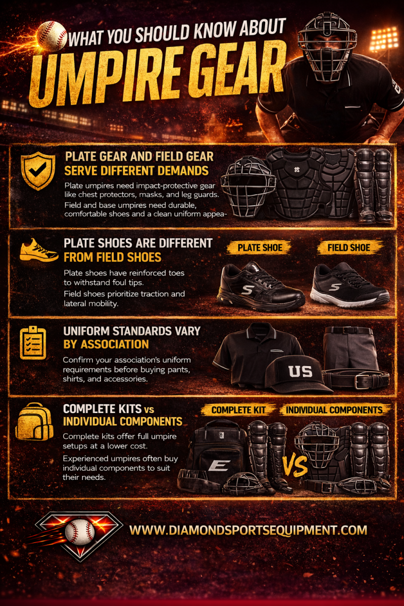 Infographic with four sections explaining plate vs field gear, shoe differences, uniform standards, and complete kits vs individual components, featuring umpire equipment visuals and Diamond Sports Equipment branding.